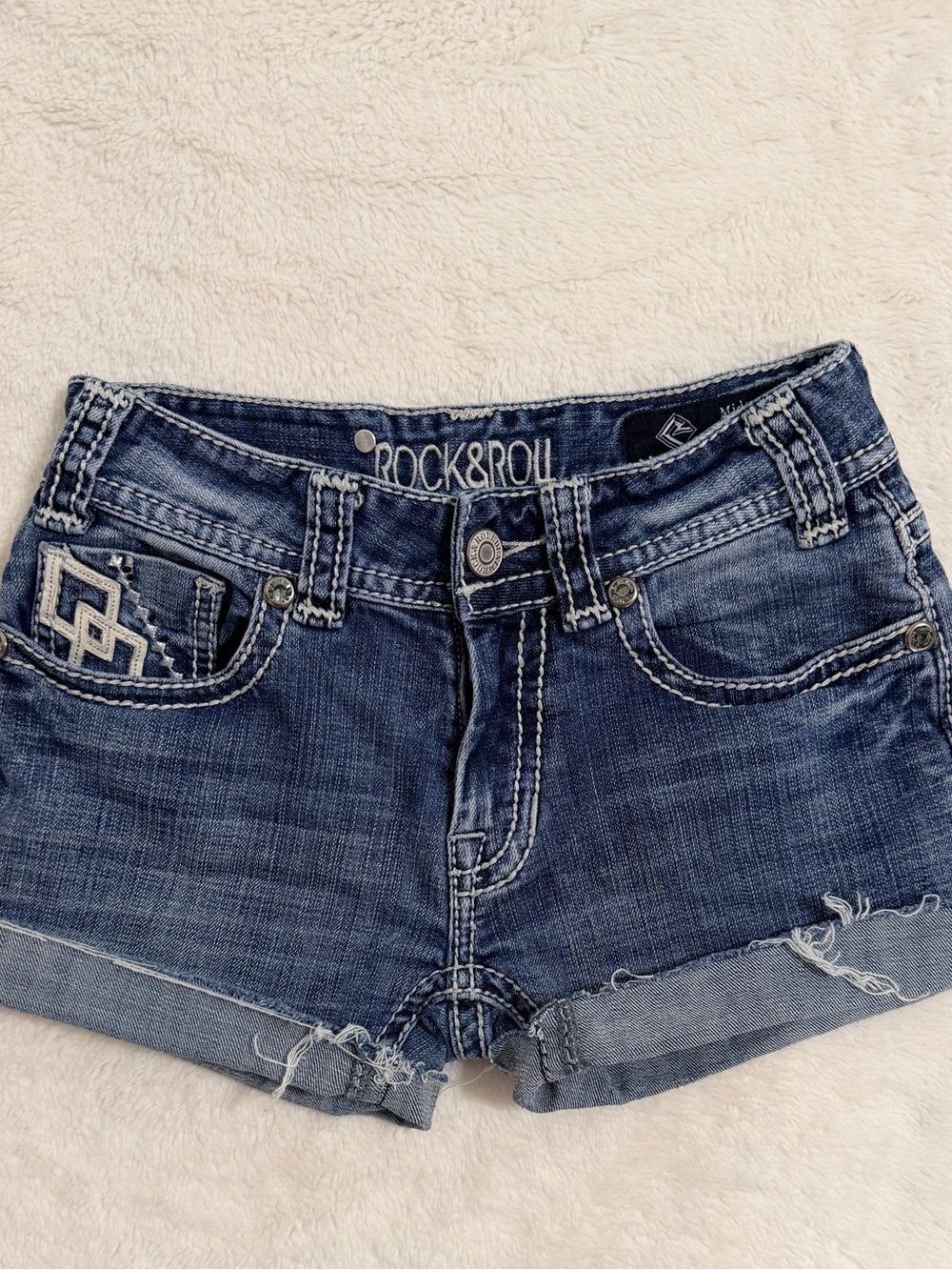 Rock & Roll Midrise Denim Womens Blue Distressed Roll-Cuff Shorts